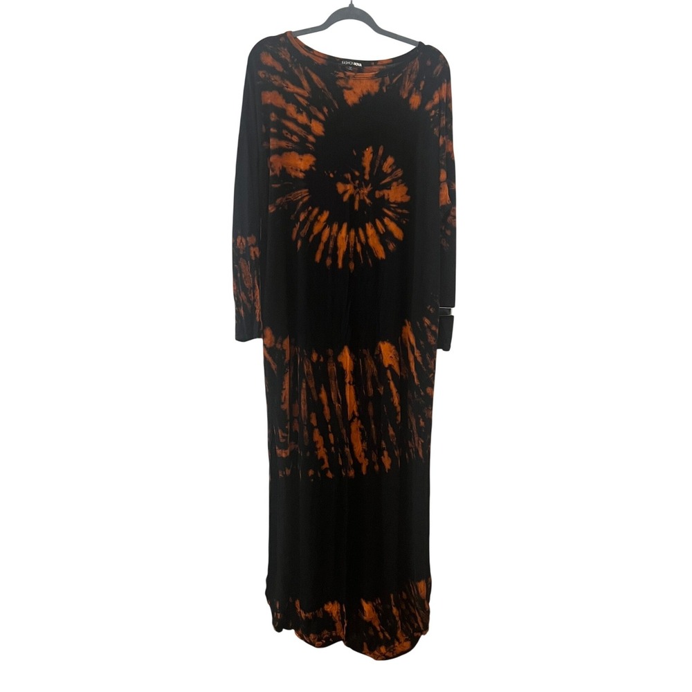 Fashion Nova Womens Orange Black Tie Dye Long Sleeve Maxi Dress Large (1094)